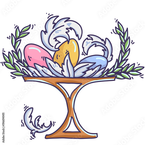 Composition with Easter eggs, feathers and green branches on cake holder. Spring graphic element on transparent background.