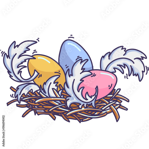 Easter nest with painted eggs and feathers. Spring graphic element on transparent background.