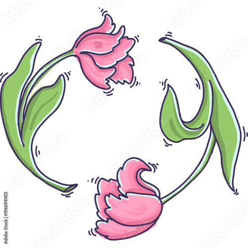 Pink tulip wreath decorative circle. Spring graphic element on transparent background.