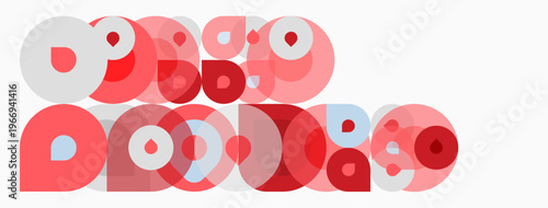 Abstract composition featuring overlapping circles. Red, light red, pale blue hues create dynamic visual texture. Simple shapes, modern design.