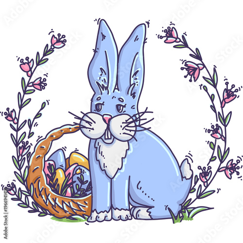 Funny blue Easter bunny sitting among easter basket with painted eggs and blossoming tree branches. Spring graphic element on transparent background.