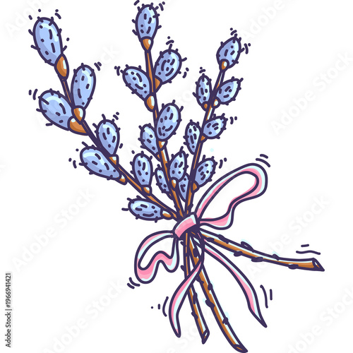 Cartoony Illustration with bunch of willow branches. Spring graphic element on transparent background.