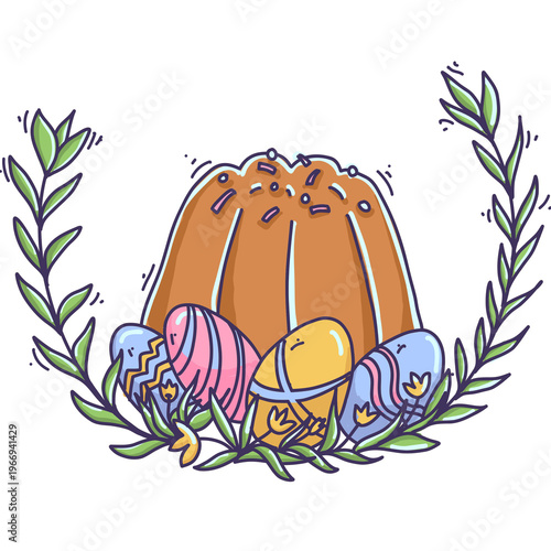Easter composition with easter cake, eggs and wild flowers. Spring graphic element on transparent background.
