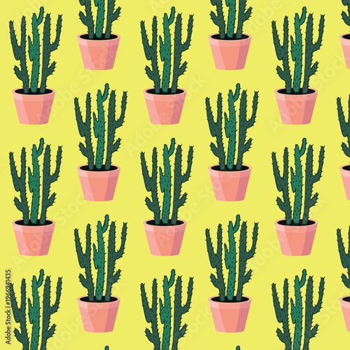 Pattern with green cacti in pink pots on a yellow background.