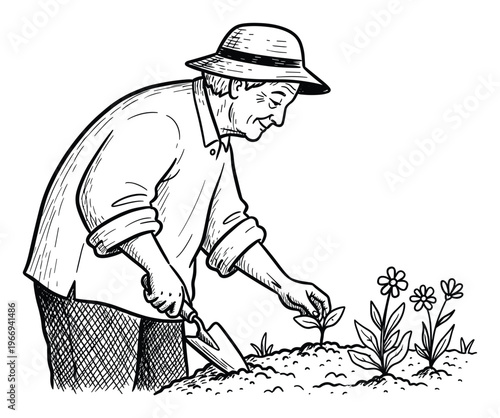 Elderly man carefully planting a small seedling into fertile garden soil with a trowel beside blossoming flowers, symbolizing growth and springtime outdoor activity for gardening and