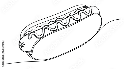 A minimalist one line drawing of a delicious hot dog in a bun with sauce, perfect for quick service restaurant branding, menu graphics, or street food promotional materials