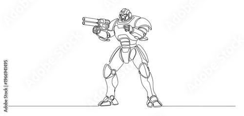 Futuristic robot or soldier in powerful combat armor holding a double barreled energy weapon in a sleek continuous line drawing style perfect for modern technology and science fiction