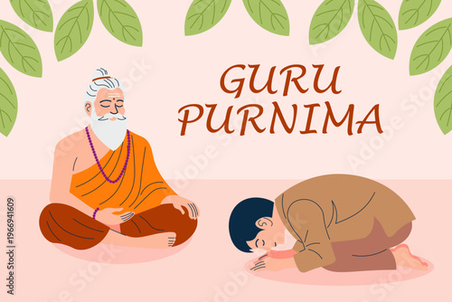 Guru Purnima illustration with Hindu teacher and disciple, spiritual respect ritual, Indian festival concept, traditional culture, blessing, devotion, flat vector design