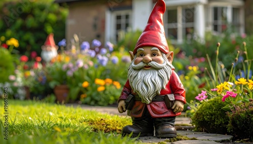 A garden gnome stands in a vibrant garden, with flowers and another gnome visible in the background in front of a house
