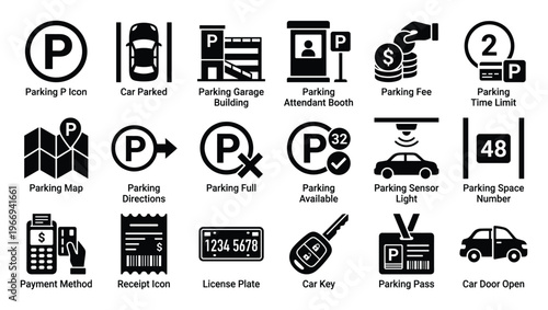 A comprehensive set of essential parking service icons for mobile applications and website interfaces, clearly depicting availability, payment methods, time limits, and navigation