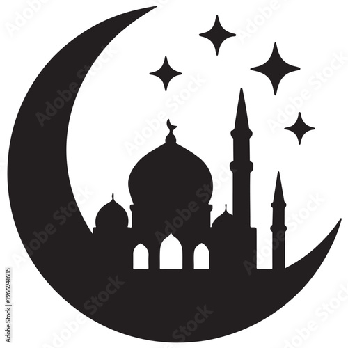 Blue silhouette illustration of a mosque with domes and minarets inspired by famous landmarks like the Taj Mahal in a cultural city setting