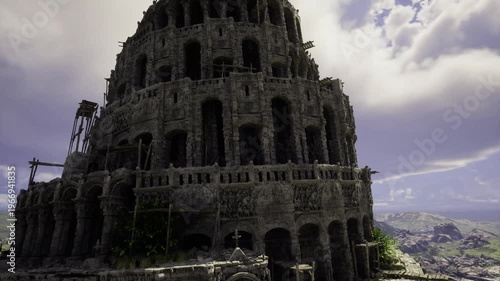 tiered ruined bastion overlooking sea, arches and columns form navigable platforms, cinematic cloud cover and rugged textures suited for immersive game