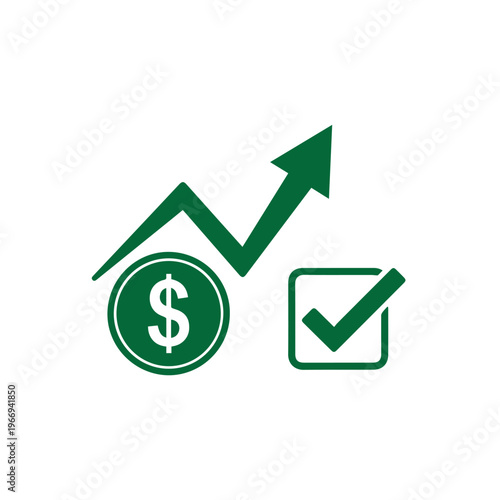 Dark green pictogram illustrates positive economic development featuring a fluctuating line graph and a currency coin.