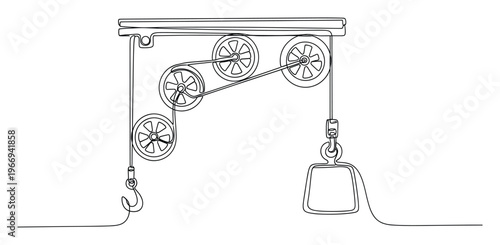 Continuous line drawing of a complex pulley system demonstrating mechanical advantage for lifting heavy objects, ideal for educational physics and engineering explanations.