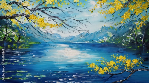 Vibrant autumn leaves overhang a tranquil blue lake set against distant mountains under a clear sky