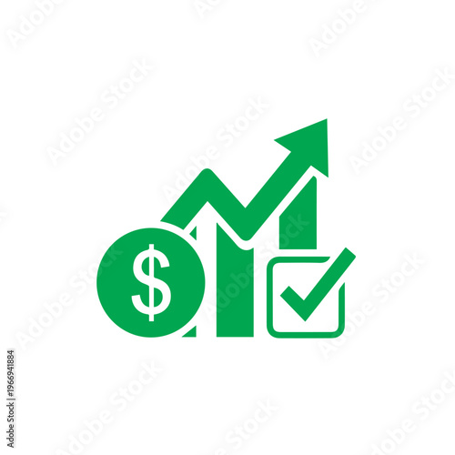 Green infographic element features a bar graph rising sharply above a dollar currency symbol and a validation box.