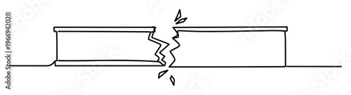 Simple continuous line graphic illustrating a rectangular shape breaking apart in the middle with a jagged split, symbolizing disruption, separation, or a critical breaking point for