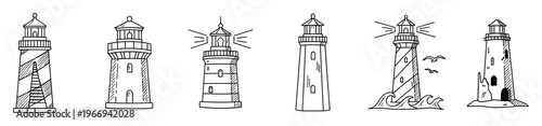 A collection of handdrawn lighthouses in diverse architectural styles serving as maritime beacons and coastal structures for navigation and seaside themed visual projects