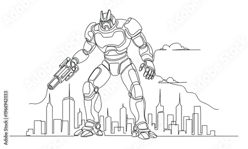 Futuristic large robotic warrior holding a weapon standing in a modern city skyline drawn with a continuous single line suitable for technology and science fiction publications
