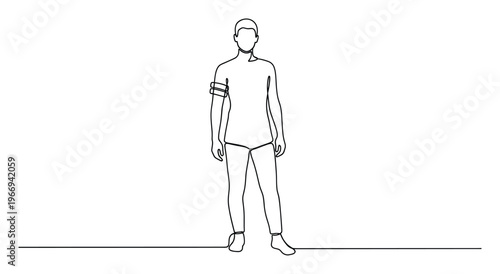 Continuous line drawing of a standing male figure with armbands, perfect for minimalist design projects and creative branding campaigns or modern graphic art.