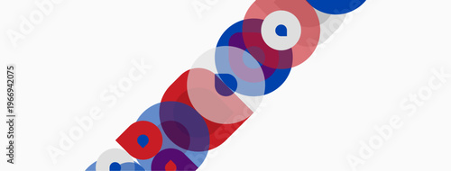 Abstract composition features overlapping circles. Red, blue, purple hues create dynamic visual effect. Minimalist design, clean background.