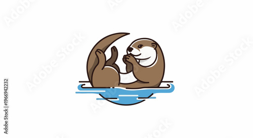 Cute cartoon otter floats on its back in blue water, paws clasped