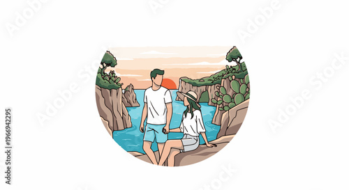 Couple holding hands by the sea at sunset, with cacti and trees