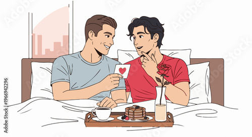 Couple in bed sharing breakfast, a rose and a card with a heart