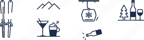 Winter Ski Resort Icons With Ski Gear Drinks and Mountains Keywords: ski, snowboard, ski poles, ski boots, mountains, snow