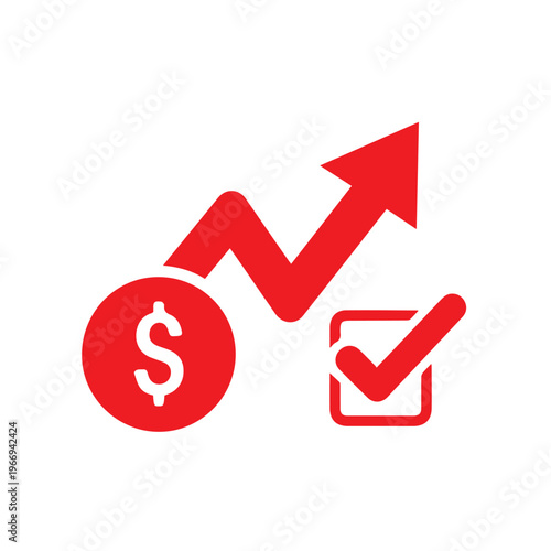 A vibrant red graphic icon illustrates financial improvement through an upward trending line chart, a currency symbol coin, and a.
