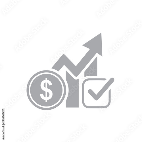 Monetary growth and successful completion are represented by a simple grey icon featuring an ascending line graph, coin,.