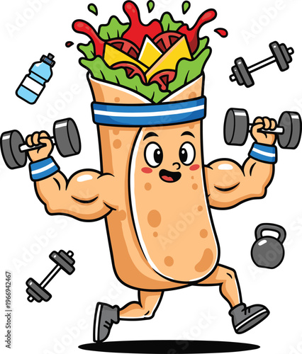 Cute burrito fitness cartoon character lifting dumbbells strong gym workout food mascot illustration isolated on white background