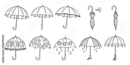 Collection of hand drawn umbrella outlines featuring various open and closed designs perfect for weather forecasts rainy day projects or seasonal graphic assets