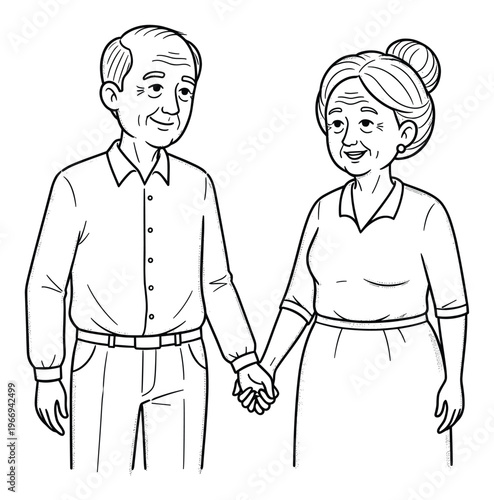 A heartwarming depiction of a loving elderly couple holding hands and smiling, representing lasting partnership and happiness in later life, perfect for themes of family, care, and