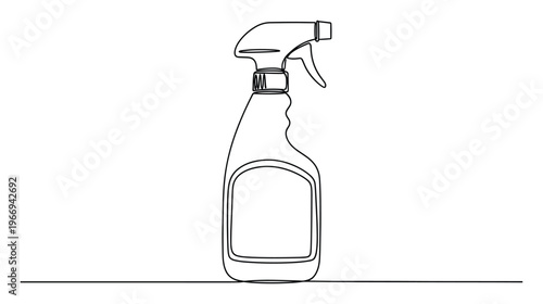 Continuous line drawing of a household spray bottle with a trigger sprayer, perfect for illustrating concepts of home cleaning, sanitation, or product packaging in various media
