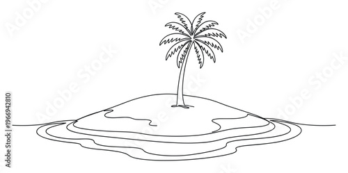 Continuous line drawing of a tropical island with a lone palm tree surrounded by calm ocean waves, perfect for travel agency advertisements, vacation brochures, or minimalist resort branding