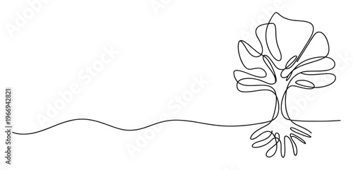 Minimalist one line drawing of a healthy tree with exposed roots connecting to the earth, perfect for nature conservation and sustainable lifestyle marketing materials.