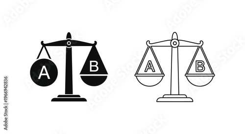 black and white balance scales with letters on weights Vector