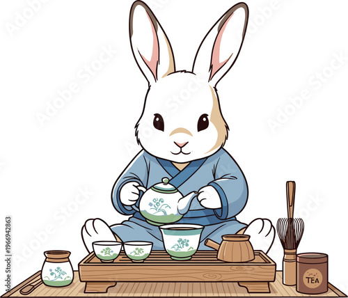 Cute bunny tea ceremony illustration with traditional teapot cups wooden tray and calm cozy rabbit character isolated on white background