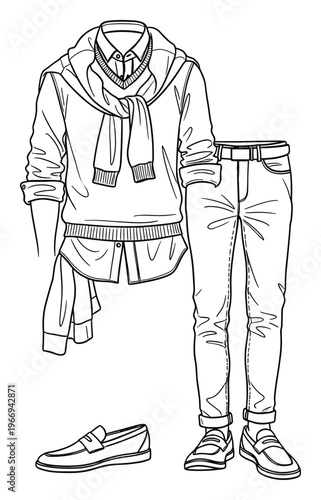 Complete mens casual outfit featuring layered shirt and hooded sweater with scarf, cuffed jeans, and stylish loafers for apparel merchandising and style guides