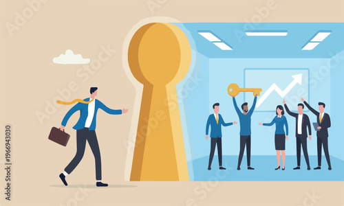 Life changing courage business challenge, get out to see outside concept, brave businessman step inside keyhole door to new opportunity