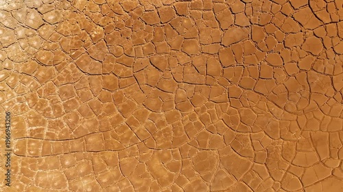 Aerial view of cracked red earth and dry mud patterns in the mining landscape of Minas de Riotinto, Andalusia, Spain.