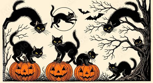 Vintage Halloween Black Cats and Pumpkins Illustration