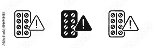 Medicine blister pack with warning icon set. Drug caution symbol vector illustration for medication risks and side effects.