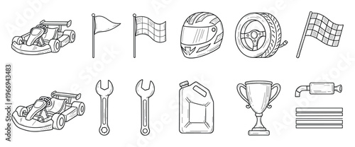 A comprehensive collection of racing and gokart themed equipment including helmets, flags, trophies, and tools, ideal for event promotion, hobbyist blogs, or sports related educational