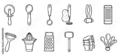 Essential kitchen utensils and gadgets in a hand drawn style, perfect for cooking blogs, recipe books, culinary education materials, and food themed graphic projects.
