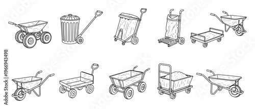 Versatile collection of utility carts, garden wagons, and various wheelbarrows for moving materials in agricultural, construction, or home improvement applications for graphic projects