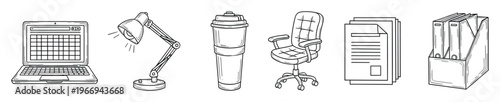 Collection of essential office supplies and business work tools including a laptop, desk lamp, thermos, ergonomic chair, documents, and file organizer for productivity and professional