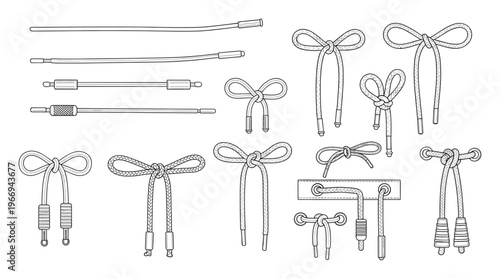 Comprehensive collection of technical line drawings featuring various cords, drawstrings, shoelaces, aglets, toggles, and decorative knots, suitable for apparel design and product