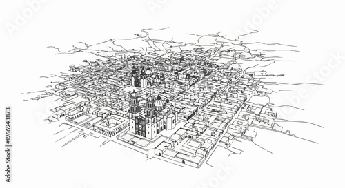 Detailed line art sketch of a historic city with prominent cathedrals